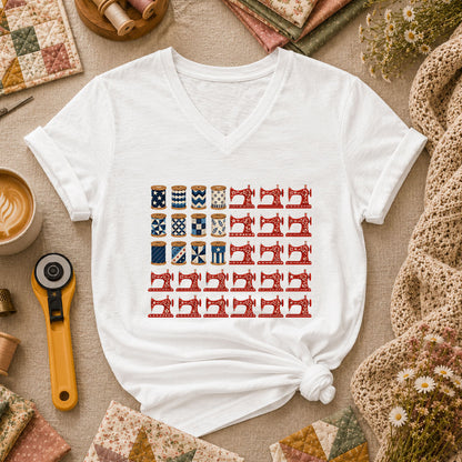 Patriotic Sewing Machines And Thread Spools Women's V-Neck - White
