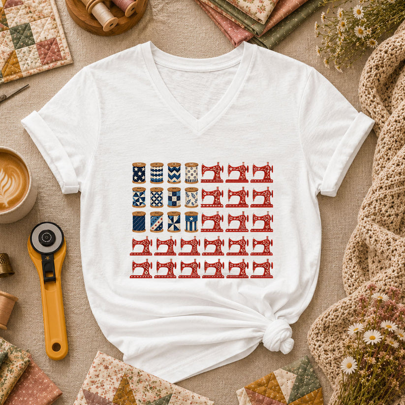 Patriotic Sewing Machines And Thread Spools Women's V-Neck - White