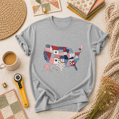 Patriotic USA Map Patchwork Quilt States T-Shirt - Athletic Heather