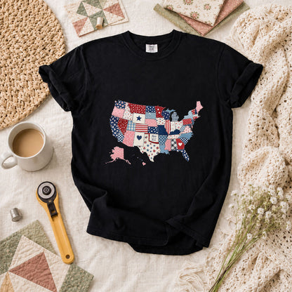 Patriotic USA Map Patchwork Quilt States T-Shirt - Black