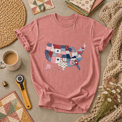 Patriotic USA Map Patchwork Quilt States T-Shirt - Heather Mauve