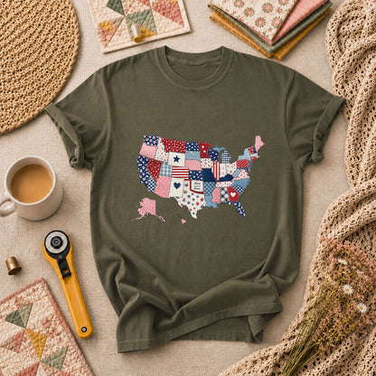 Patriotic USA Map Patchwork Quilt States T-Shirt - Military Green
