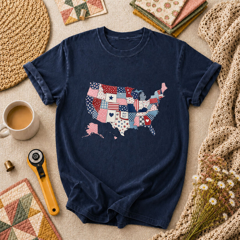 Patriotic USA Map Patchwork Quilt States T-Shirt - Navy