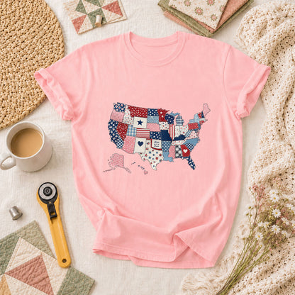Patriotic USA Map Patchwork Quilt States T-Shirt - Pink