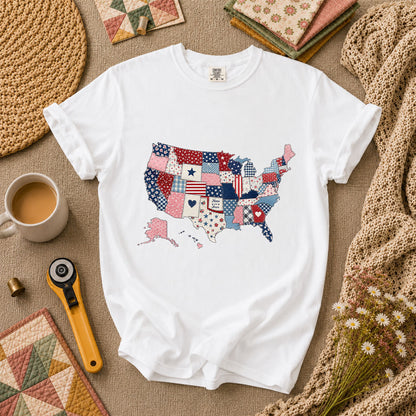 Patriotic USA Map Patchwork Quilt States T-Shirt - White