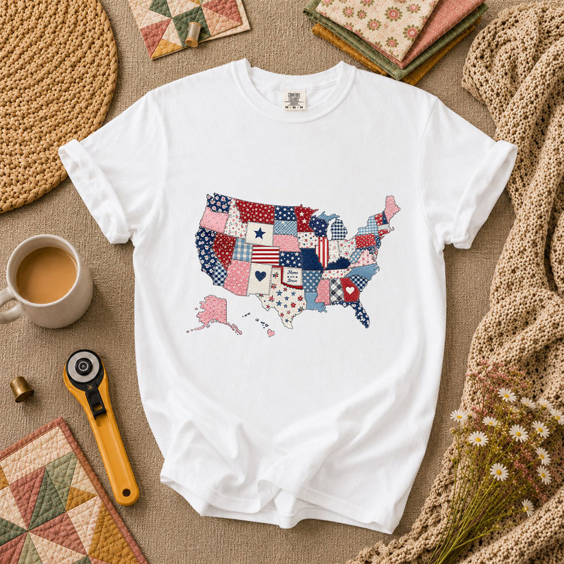 Patriotic USA Map Patchwork Quilt States T-Shirt - White