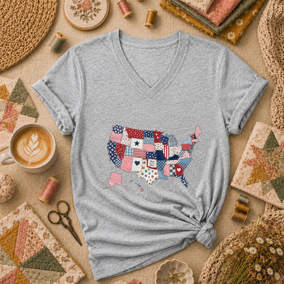Patriotic USA Map Patchwork Quilt States Women's V-Neck - Athletic Heather