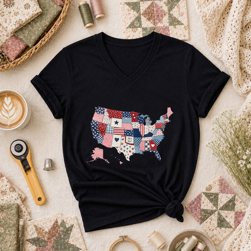 Patriotic USA Map Patchwork Quilt States Women's V-Neck - Black