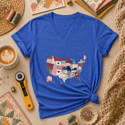 Patriotic USA Map Patchwork Quilt States Women's V-Neck - Heather True Royal