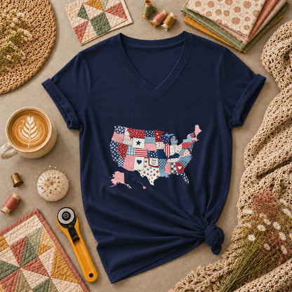 Patriotic USA Map Patchwork Quilt States Women's V-Neck - Navy