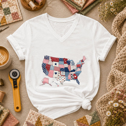 Patriotic USA Map Patchwork Quilt States Women's V-Neck - White