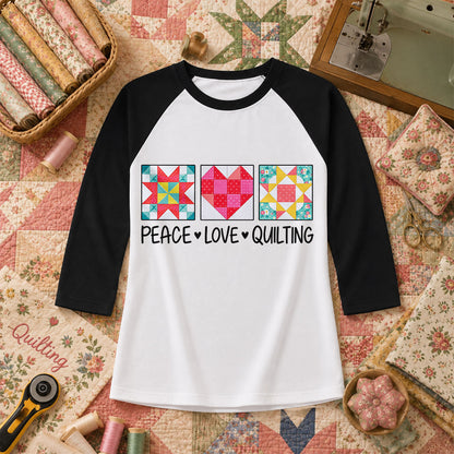 Peace Love Quilting Quilt Blocks Heart Raglan Sleeve - Black