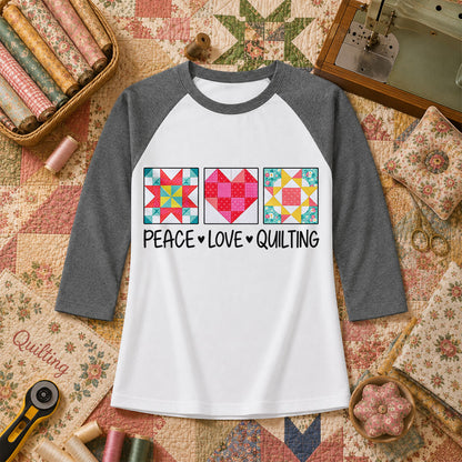 Peace Love Quilting Quilt Blocks Heart Raglan Sleeve - Deep Heather
