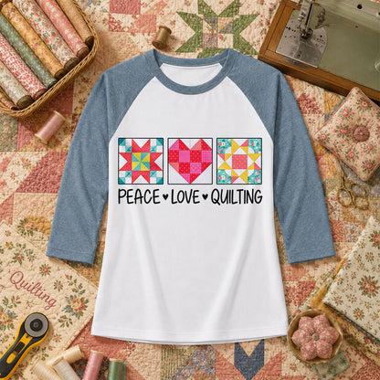 Peace Love Quilting Quilt Blocks Heart Raglan Sleeve - Denim