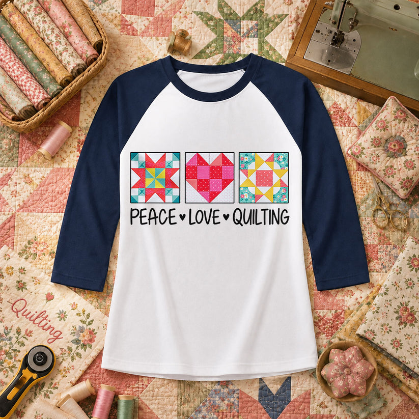 Peace Love Quilting Quilt Blocks Heart Raglan Sleeve - Navy
