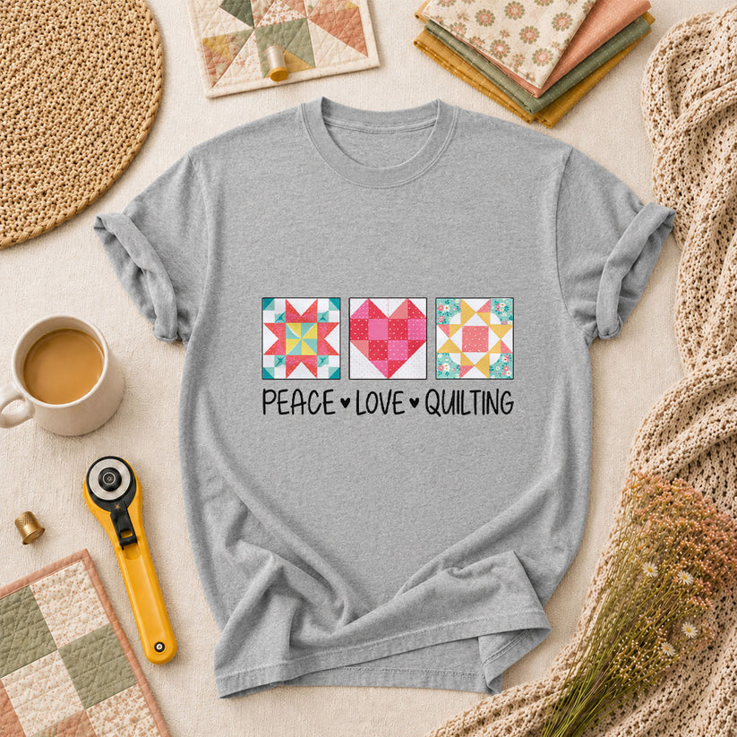 Peace Love Quilting Quilt Blocks Heart T-Shirt - Athletic Heather
