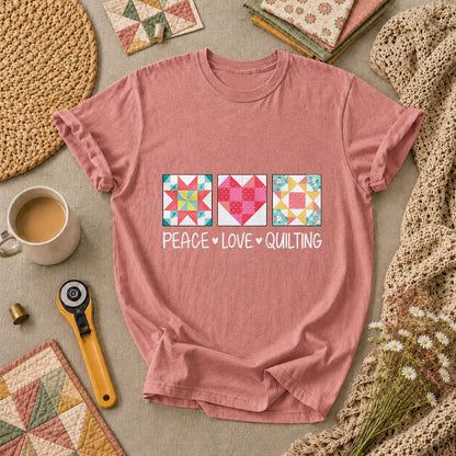 Peace Love Quilting Quilt Blocks Heart T-Shirt - Heather Mauve