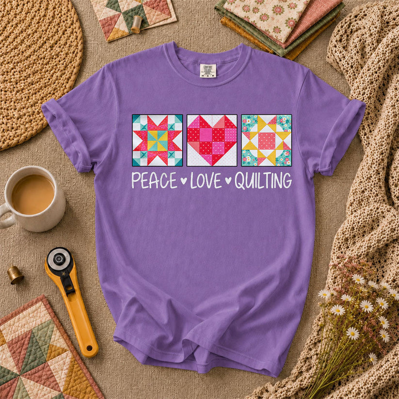 Peace Love Quilting Quilt Blocks Heart T-Shirt - Heather Team Purple