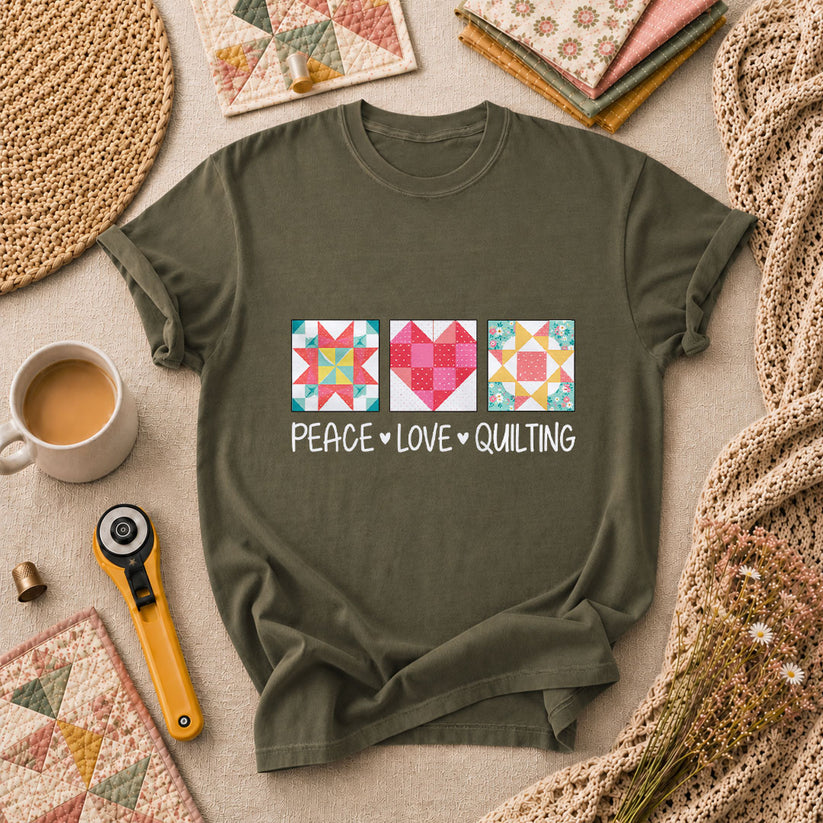 Peace Love Quilting Quilt Blocks Heart T-Shirt - Military Green