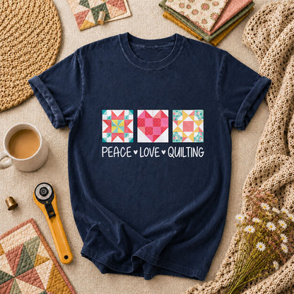 Peace Love Quilting Quilt Blocks Heart T-Shirt - Navy