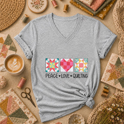 Peace Love Quilting Quilt Blocks Heart Women's V-Neck - Athletic Heather