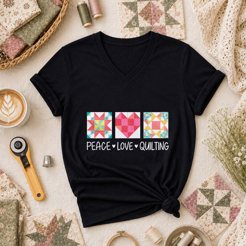 Peace Love Quilting Quilt Blocks Heart Women's V-Neck - Black