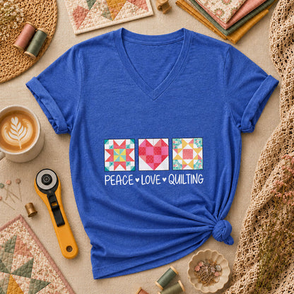 Peace Love Quilting Quilt Blocks Heart Women's V-Neck - Heather True Royal