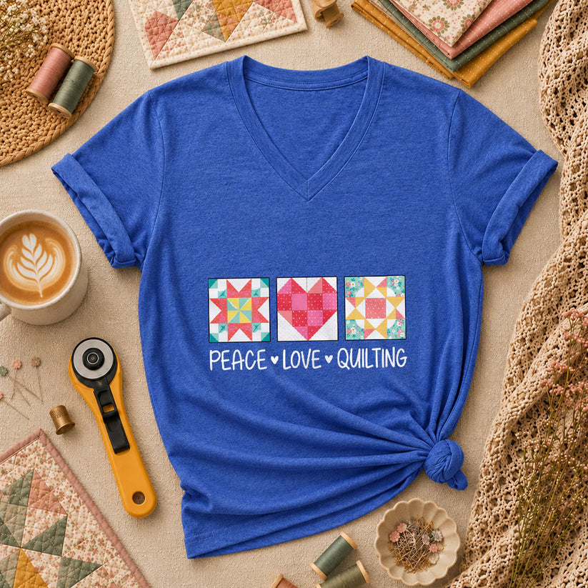 Peace Love Quilting Quilt Blocks Heart Women's V-Neck - Heather True Royal