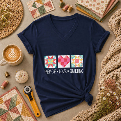 Peace Love Quilting Quilt Blocks Heart Women's V-Neck - Navy