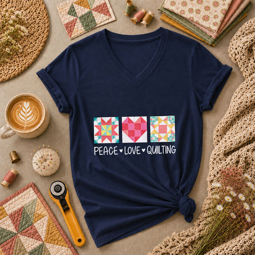 Peace Love Quilting Quilt Blocks Heart Women's V-Neck - Navy