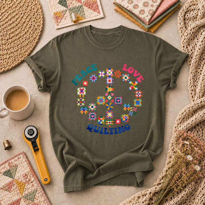 Peace Love Quilting T-Shirt - Military Green