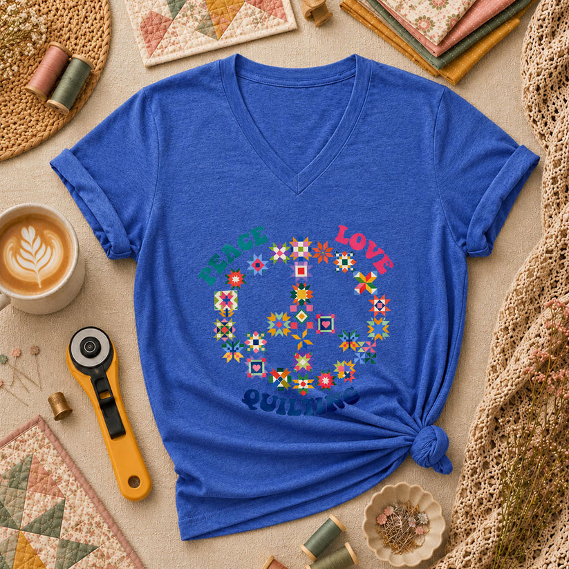 Peace Love Quilting Women's V-Neck - Heather True Royal