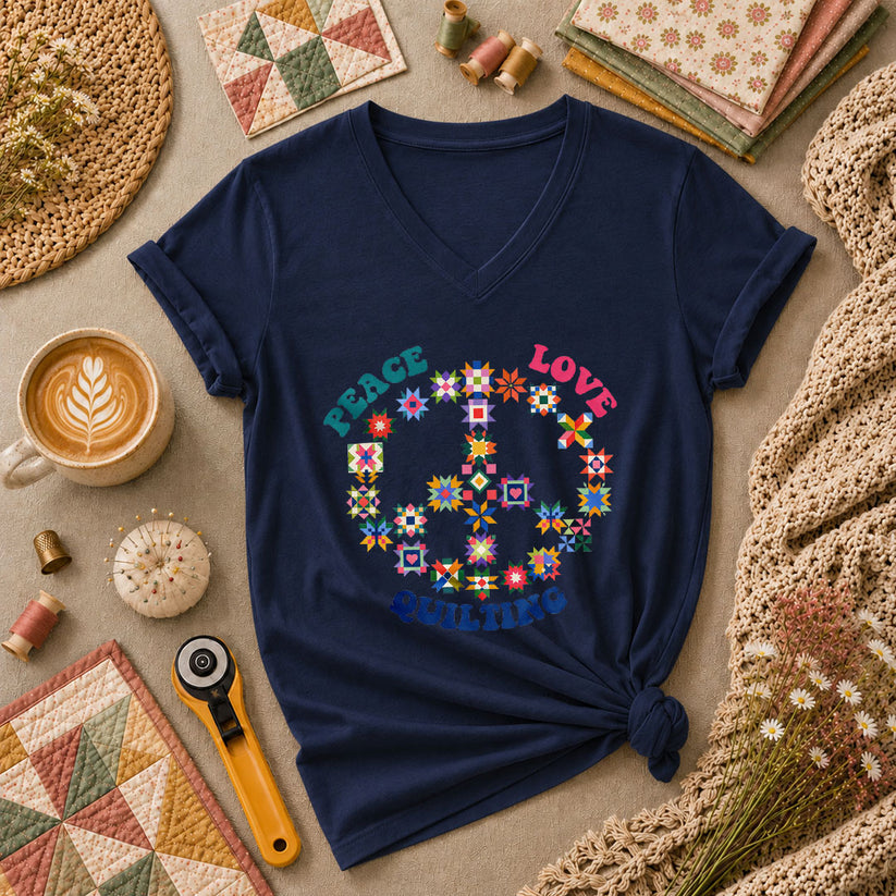 Peace Love Quilting Women's V-Neck - Navy