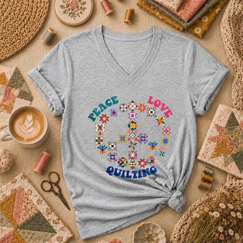 Peace Love Quilting Women's V-Neck - Sport Grey