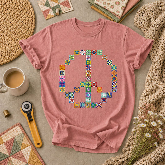 Peace Sign Colorful Quilt Blocks T-Shirt - Heather Mauve
