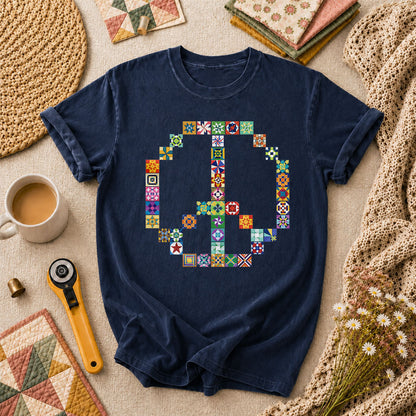 Peace Sign Colorful Quilt Blocks T-Shirt - Navy