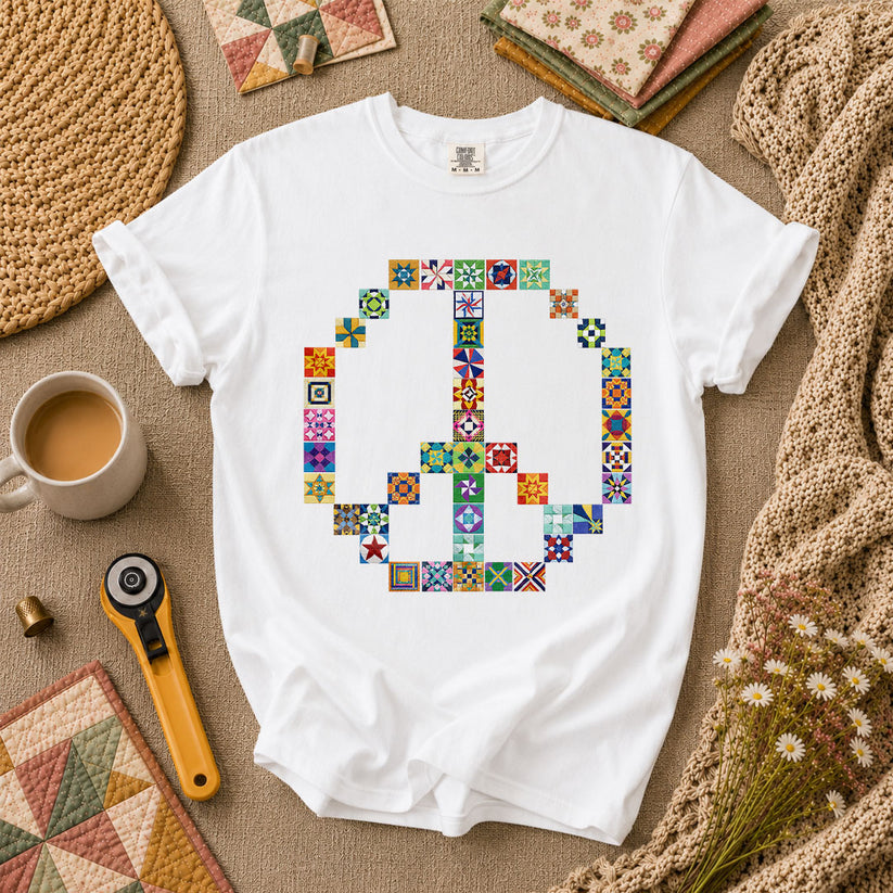 Peace Sign Colorful Quilt Blocks T-Shirt - White