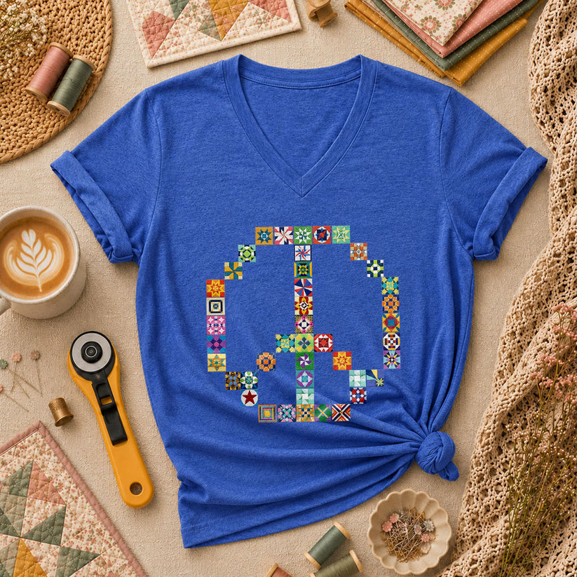 Peace Sign Colorful Quilt Blocks Women's V-Neck - Heather True Royal