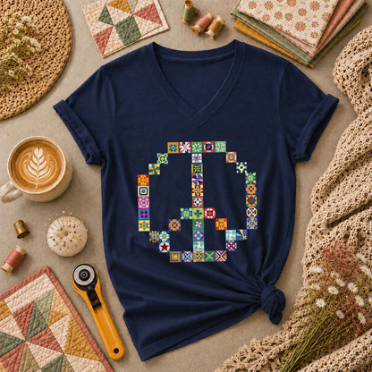 Peace Sign Colorful Quilt Blocks Women's V-Neck - Navy