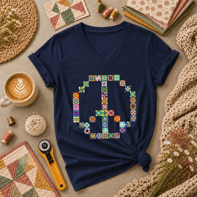 Peace Sign Colorful Quilt Blocks Women's V-Neck - Navy