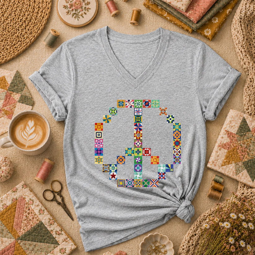 Peace Sign Colorful Quilt Blocks Women's V-Neck - Sport Grey