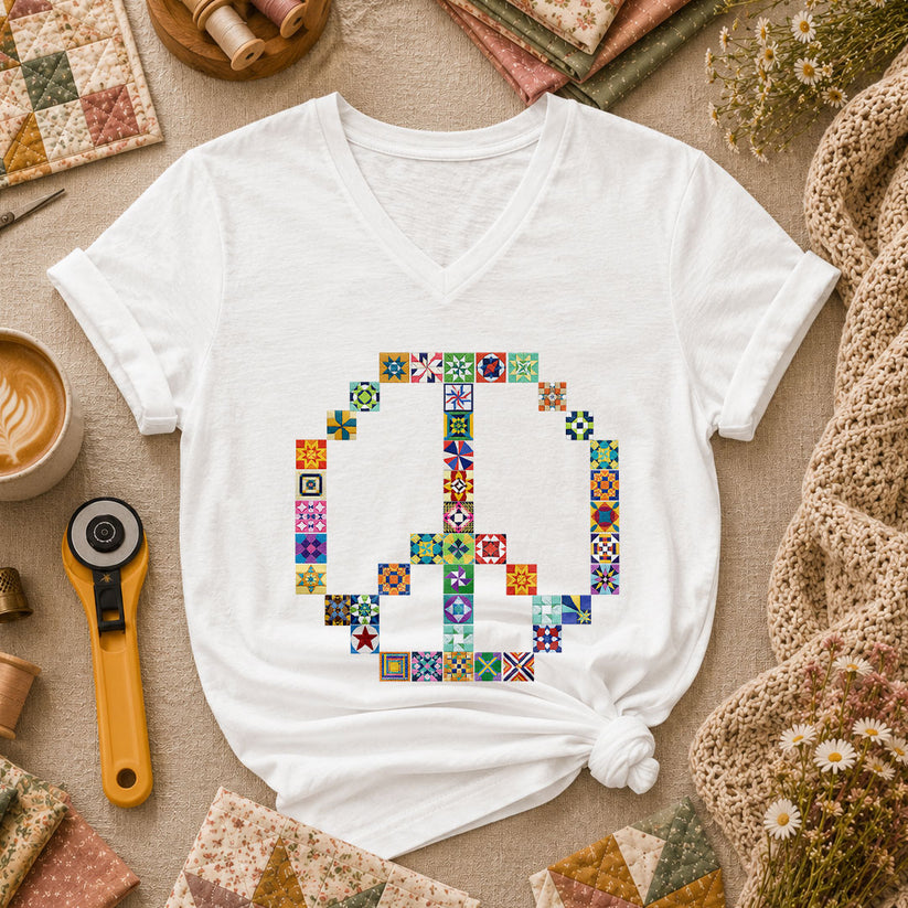 Peace Sign Colorful Quilt Blocks Women's V-Neck - White