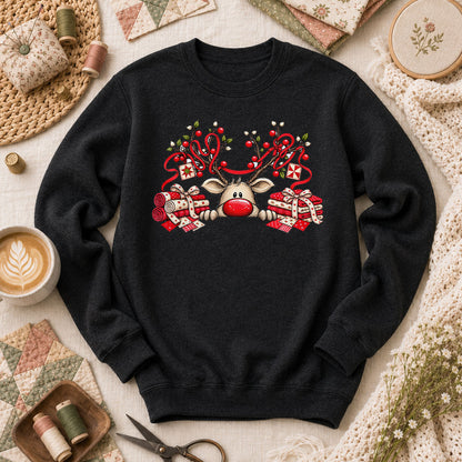 Peeking Red Nose Reindeer With Holly And Fat Quarters Long Sleeve - Black