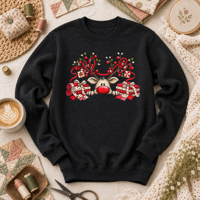 Peeking Red Nose Reindeer With Holly And Fat Quarters Long Sleeve - Black