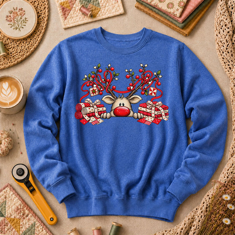 Peeking Red Nose Reindeer With Holly And Fat Quarters Long Sleeve - Heather True Royal