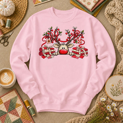 Peeking Red Nose Reindeer With Holly And Fat Quarters Long Sleeve - Light Pink