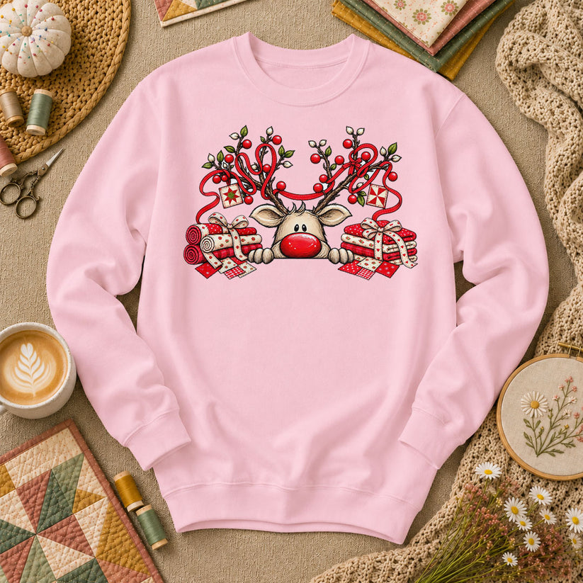 Peeking Red Nose Reindeer With Holly And Fat Quarters Long Sleeve - Light Pink