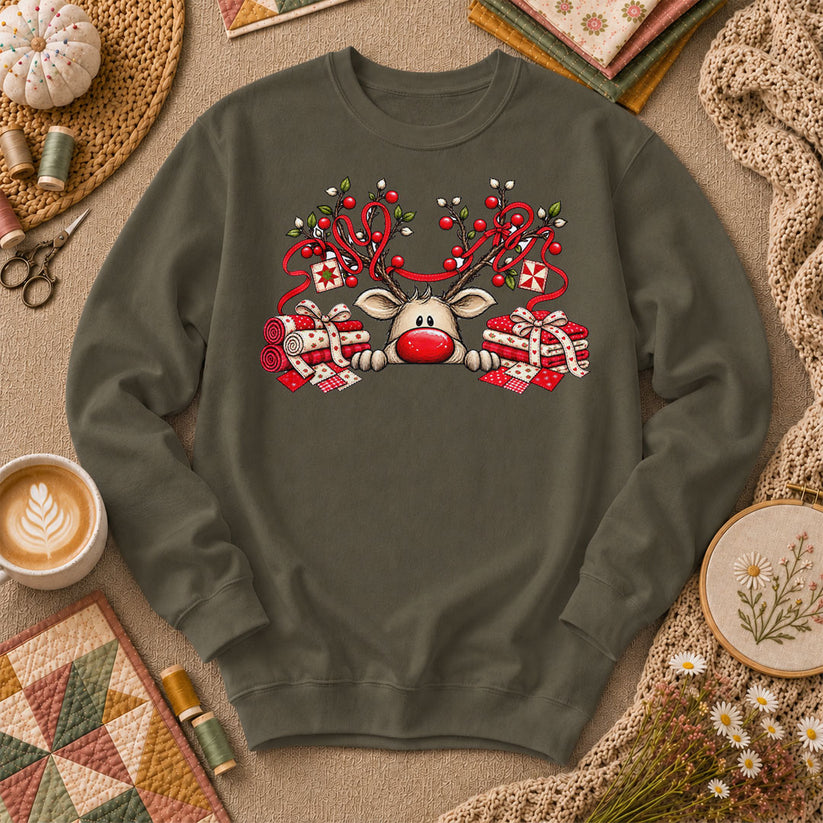 Peeking Red Nose Reindeer With Holly And Fat Quarters Long Sleeve - Military Green