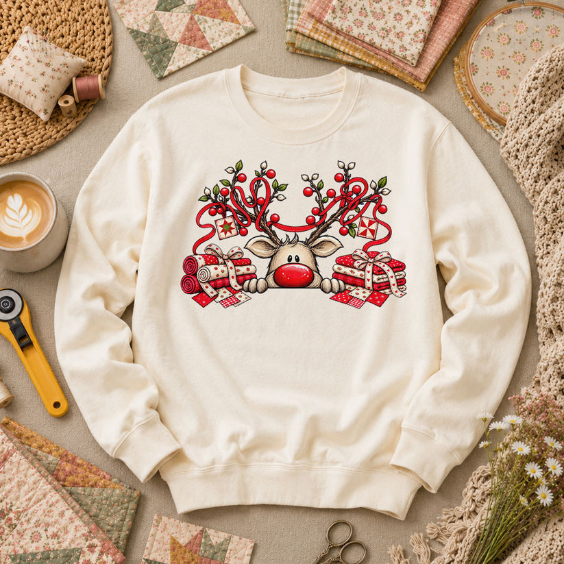 Peeking Red Nose Reindeer With Holly And Fat Quarters Long Sleeve - Natural