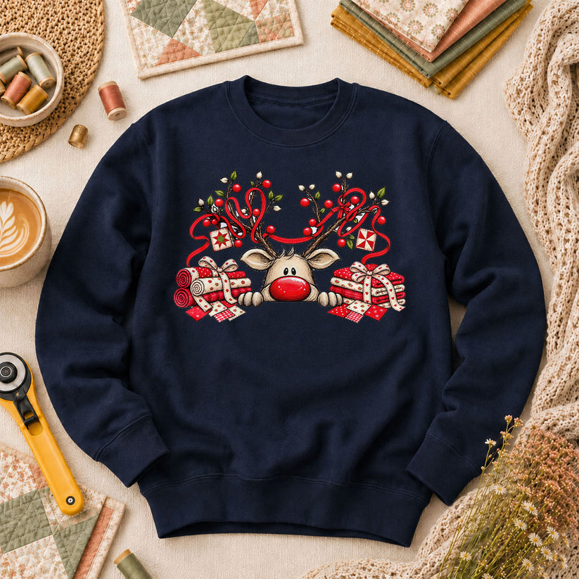 Peeking Red Nose Reindeer With Holly And Fat Quarters Long Sleeve - Navy